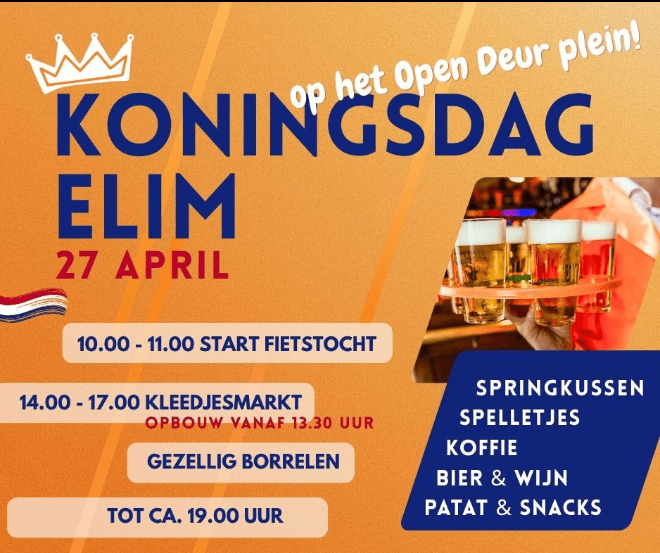 In Elim zal maandag 27 april ook Koningsdag gevierd gaan worden. De Culturele Vereniging op Koningsdag heeft diverse activiteiten uitgezet. Zo is er onder meer een fietstocht en een kleedjesmarkt.
