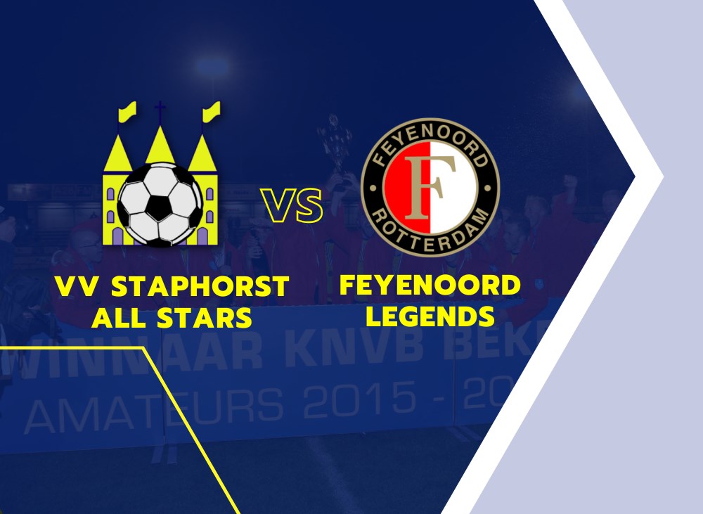 Op vrijdag 5 juni neemt VV Staphorst Allstars het op tegen Feyenoord Legends Een uniek evenement waarbij oud-spelers van VV Staphorst het opnemen tegen oud-topvoetballers uit de Eredivisie, waarvan Eljero Elia zelfs in actie kwam tijdens de WK-finale van 2010 tegen Spanje.