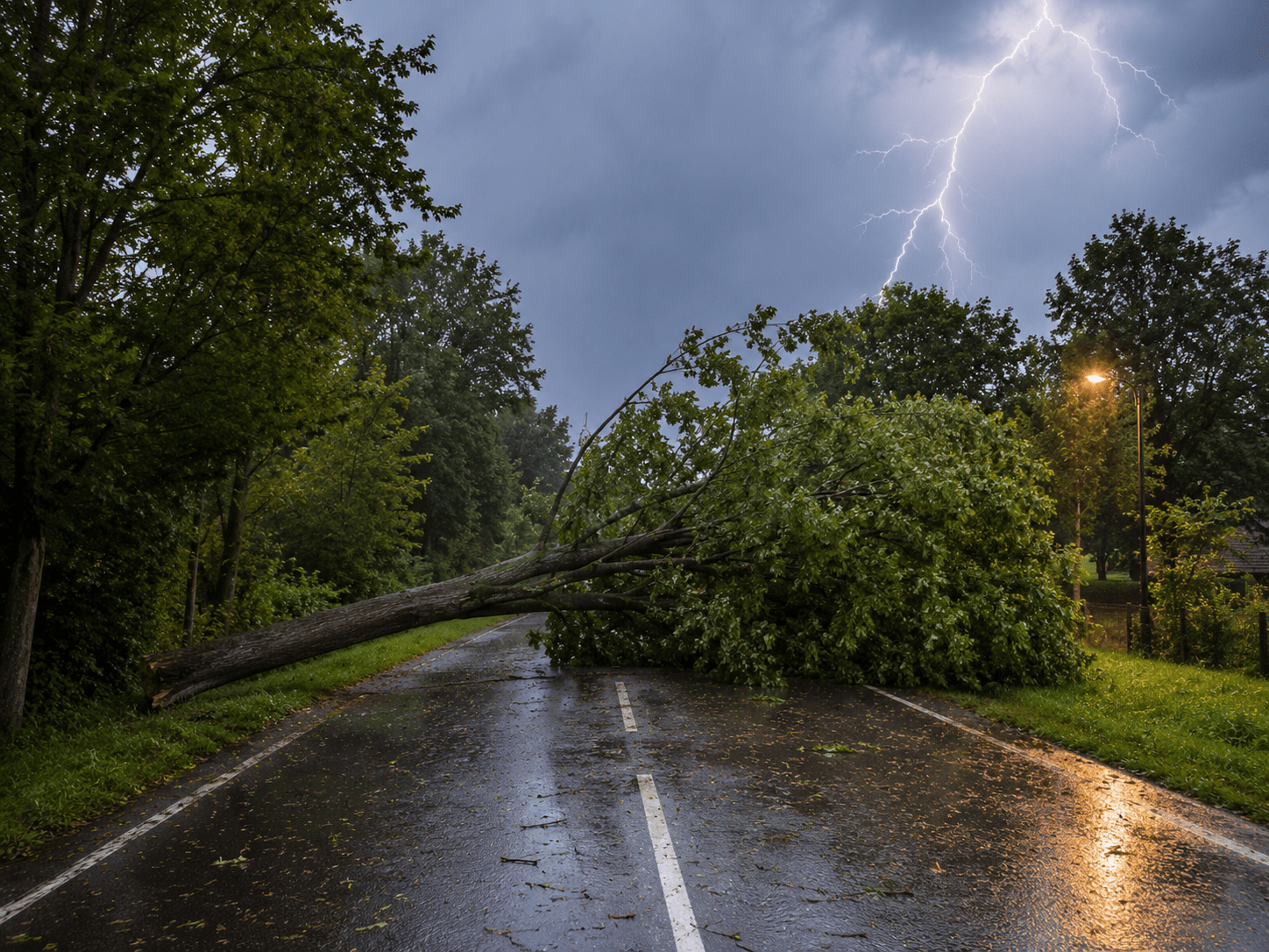 Het noodweer dat in de nacht van vrijdag op zaterdag over de streek trok, heeft voor veel schade gezorgd. Vooral omgewaaide bomen zorgden voor de nodige problemen. (Foto ChatGPT AI)